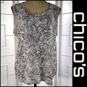 Chico’s Brown & White Swirls Sleeveless Shell Tuxedo Ruffle bib